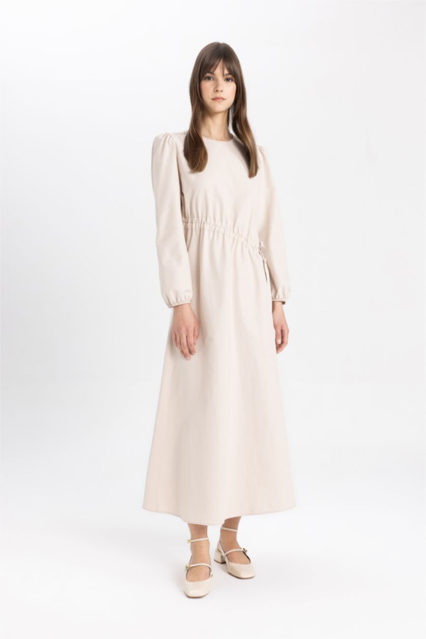 Woman Sand Regular Fit Crew Neck Poplin Dress