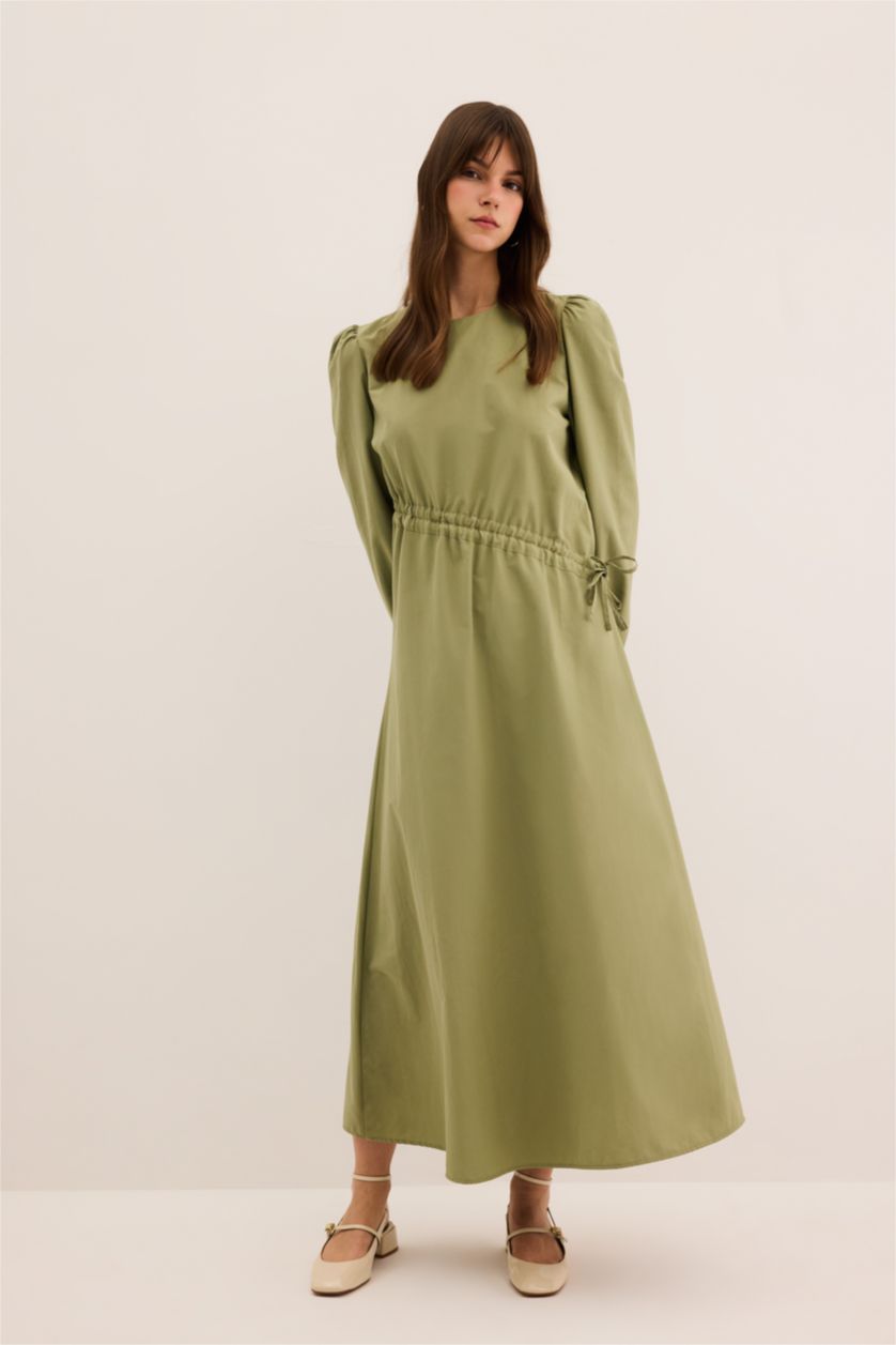 نساء كاكي فستان طويل بوبلين بكم طويل وقصة عادية