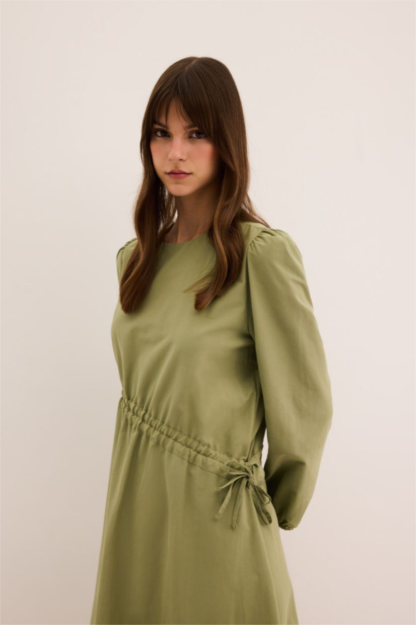 نساء كاكي فستان طويل بوبلين بكم طويل وقصة عادية