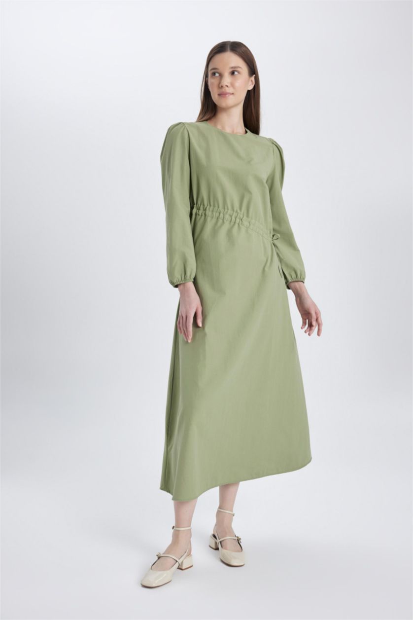 نساء كاكي فستان طويل بوبلين بكم طويل وقصة عادية