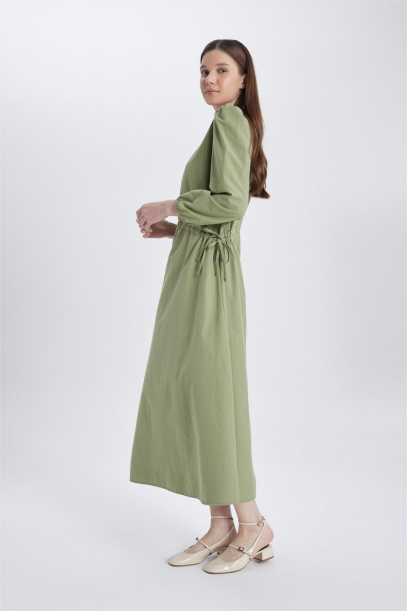 نساء كاكي فستان طويل بوبلين بكم طويل وقصة عادية