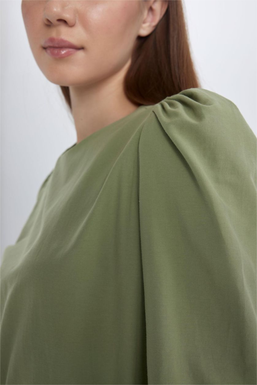 نساء كاكي فستان طويل بوبلين بكم طويل وقصة عادية