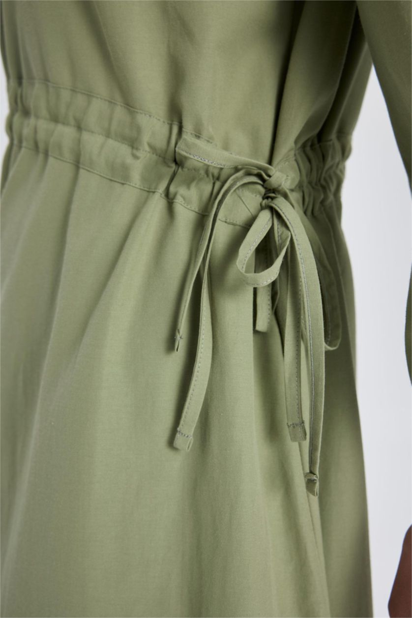 نساء كاكي فستان طويل بوبلين بكم طويل وقصة عادية