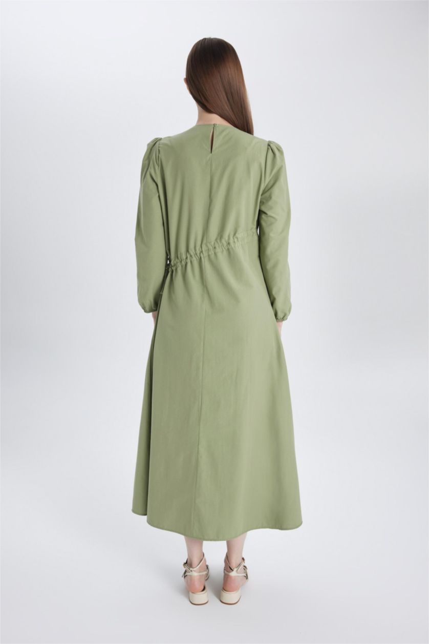 نساء كاكي فستان طويل بوبلين بكم طويل وقصة عادية