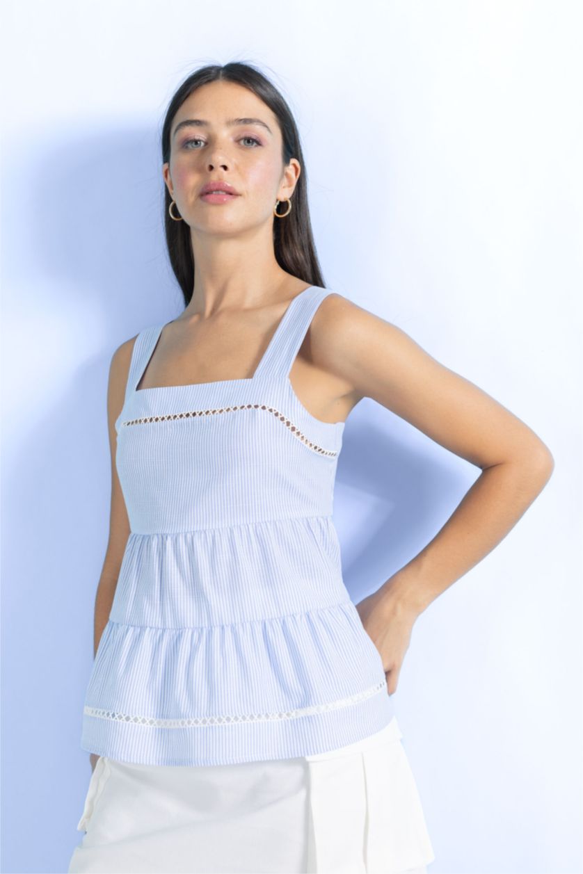 Kadın Mavi Askılı Kare Yaka %100 Pamuk Bluz