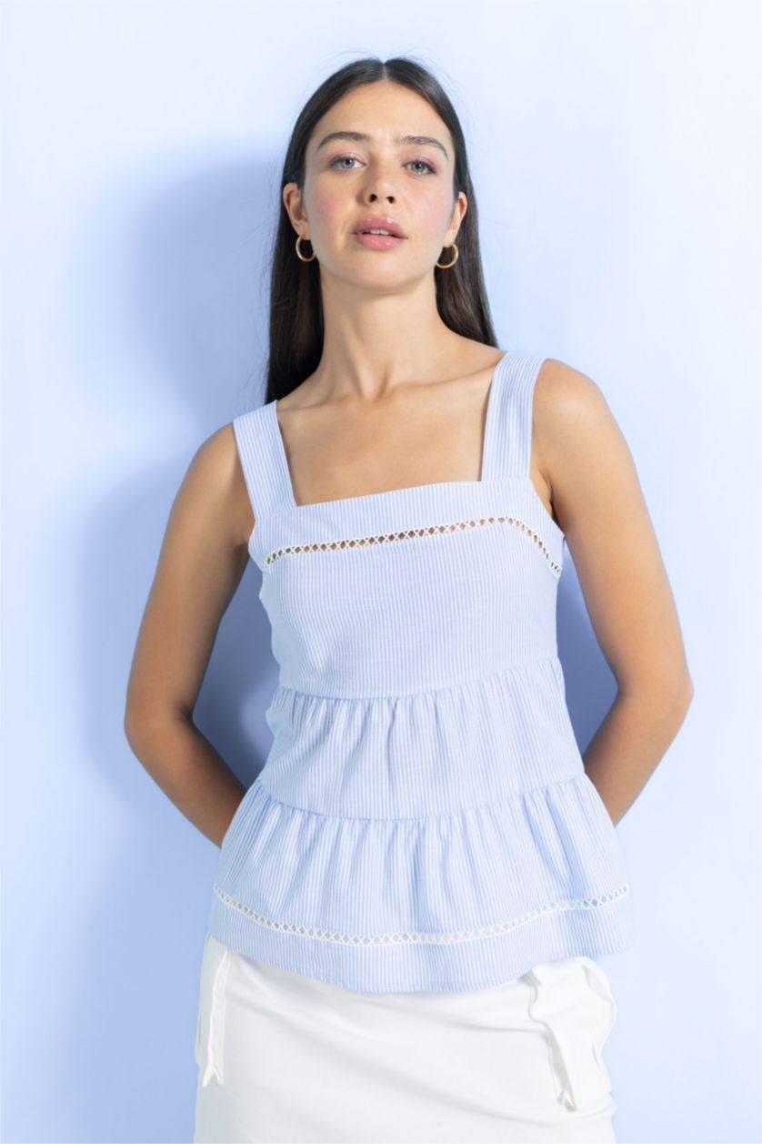 Kadın Mavi Askılı Kare Yaka %100 Pamuk Bluz