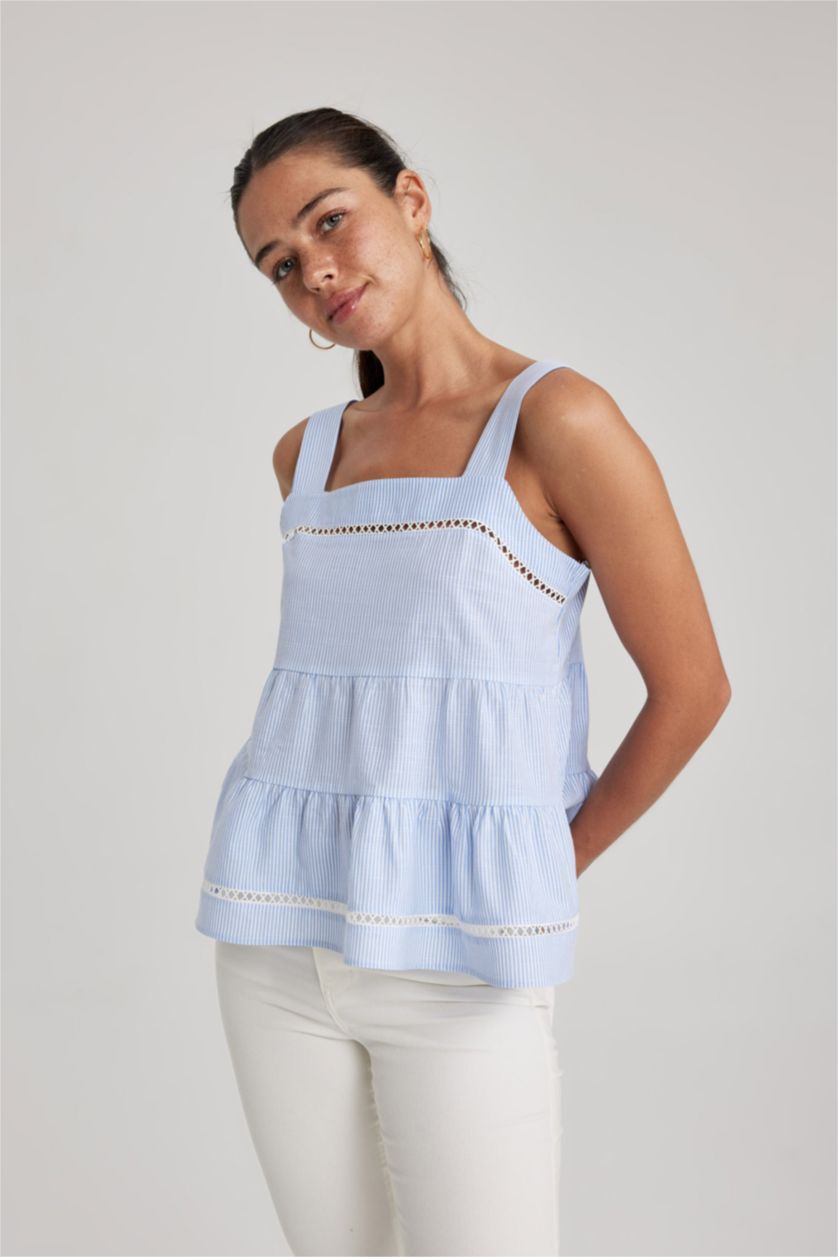 Kadın Mavi Askılı Kare Yaka %100 Pamuk Bluz