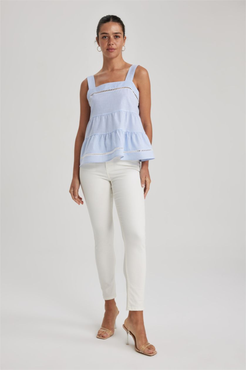 Kadın Mavi Askılı Kare Yaka %100 Pamuk Bluz