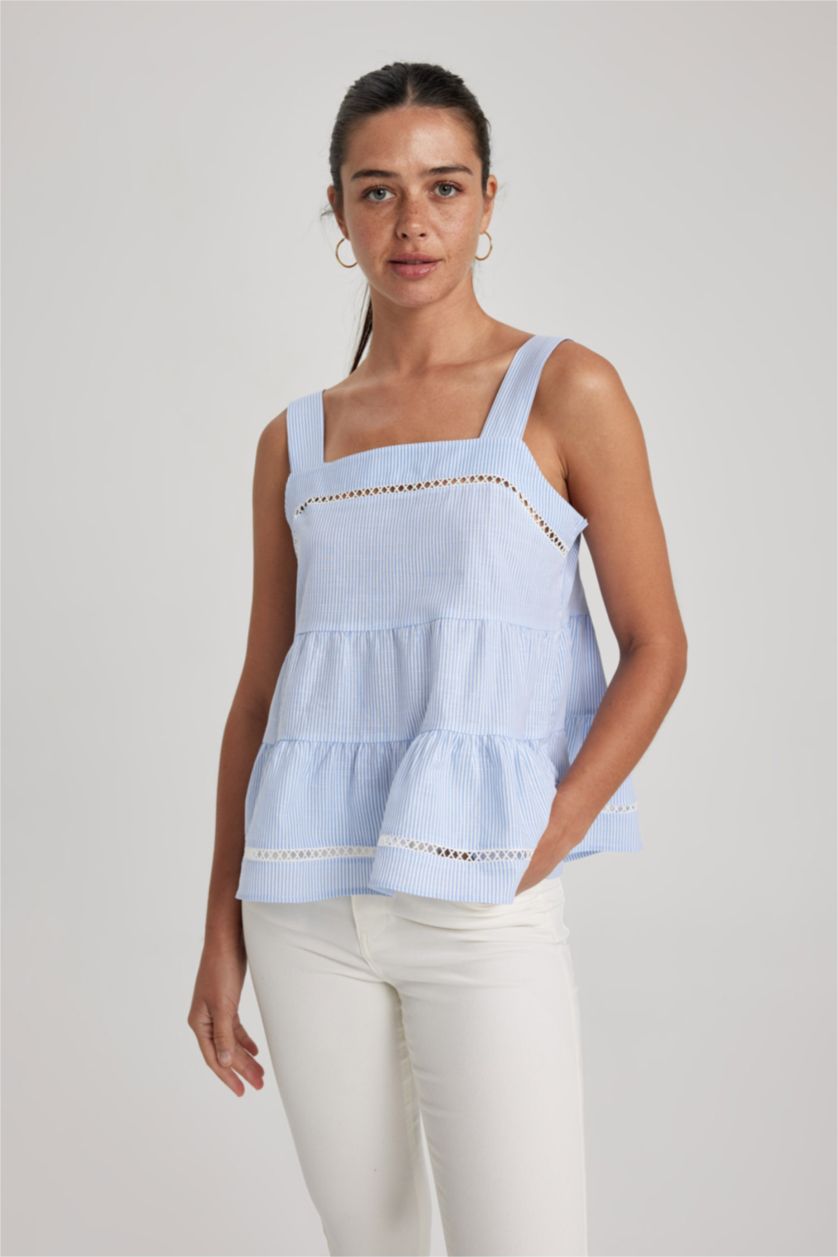 Kadın Mavi Askılı Kare Yaka %100 Pamuk Bluz