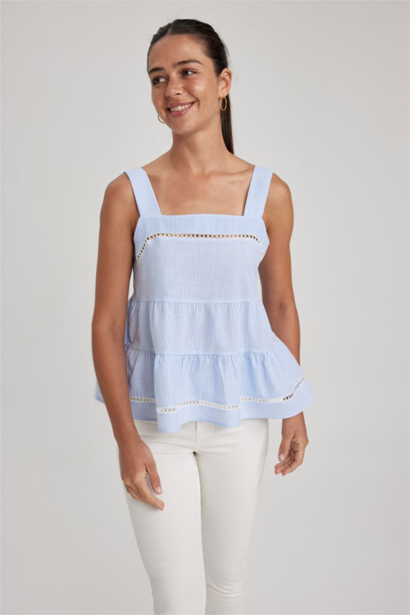 Kadın Mavi Askılı Kare Yaka %100 Pamuk Bluz