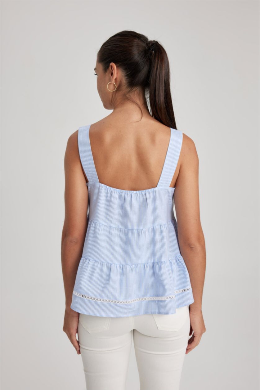 Kadın Mavi Askılı Kare Yaka %100 Pamuk Bluz