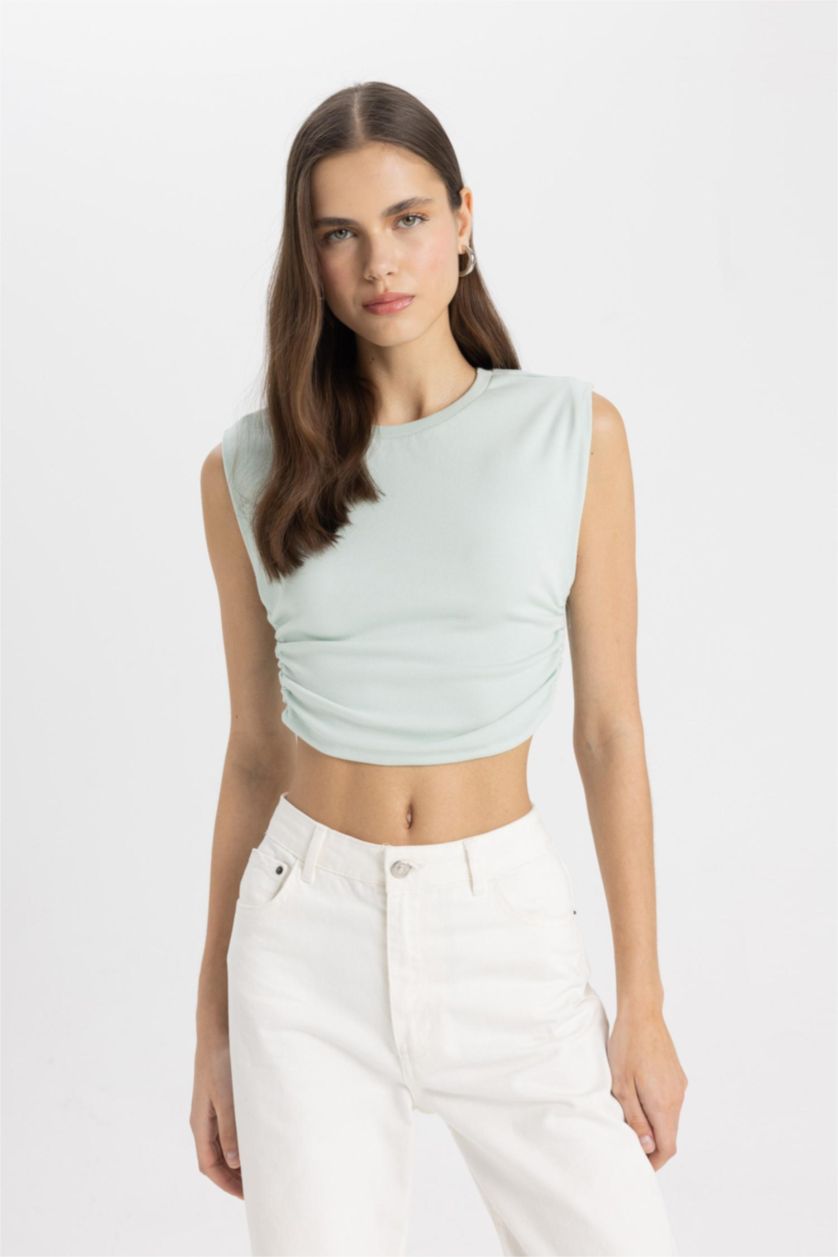 نساء نعناع كروب توب بدون كم سليم فيت برقبة مستديرة