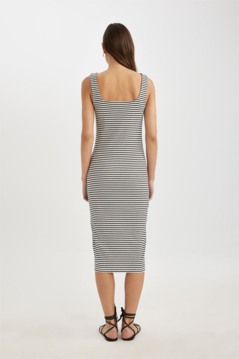 FEMME Noir Robe En Maille À Manches Courtes Rayée Col Carré