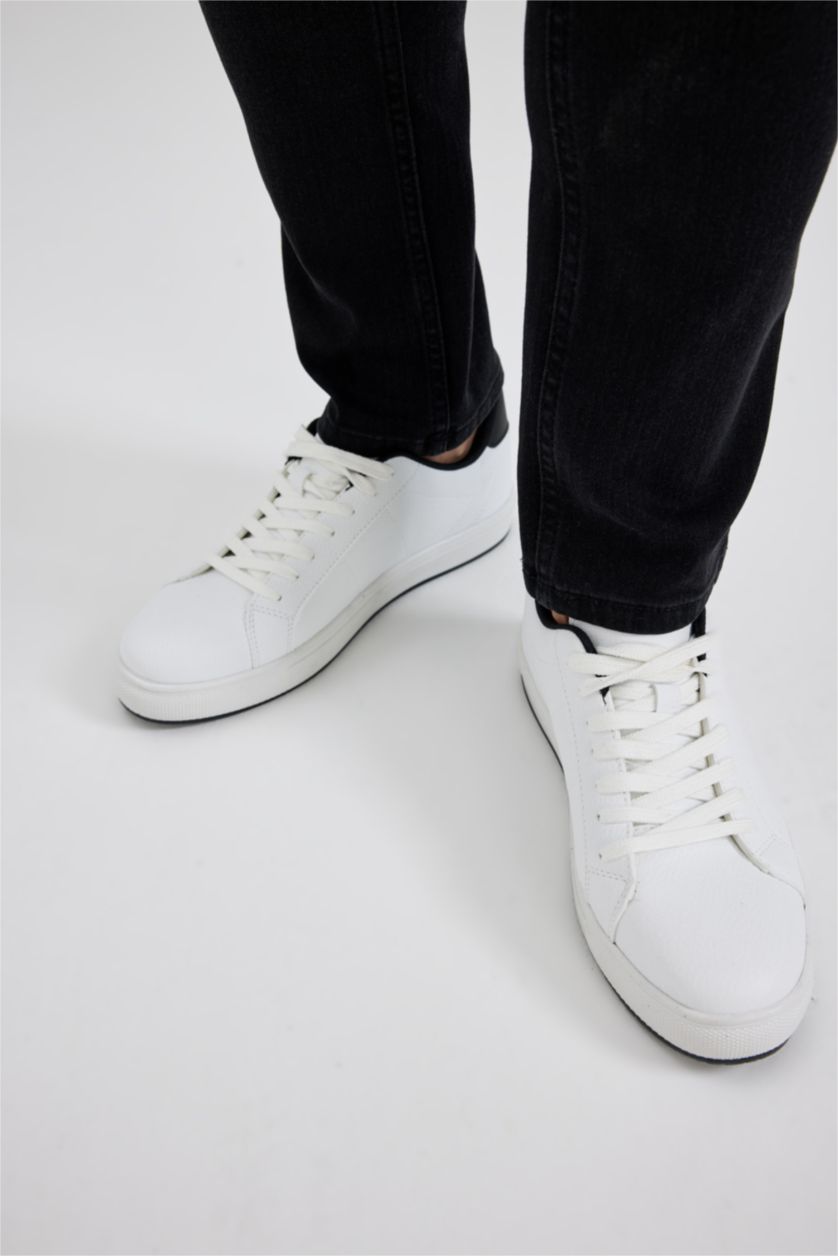 رجالي أبيض (000) سنيكرز رجالي جلد صناعي بكعب مسطح برباط