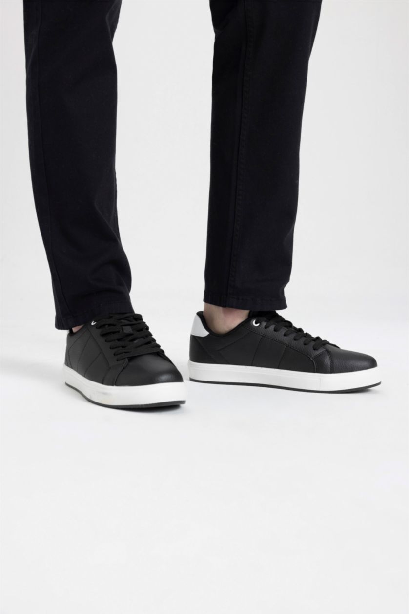 رجالي أسود سنيكرز رجالي جلد صناعي برباط