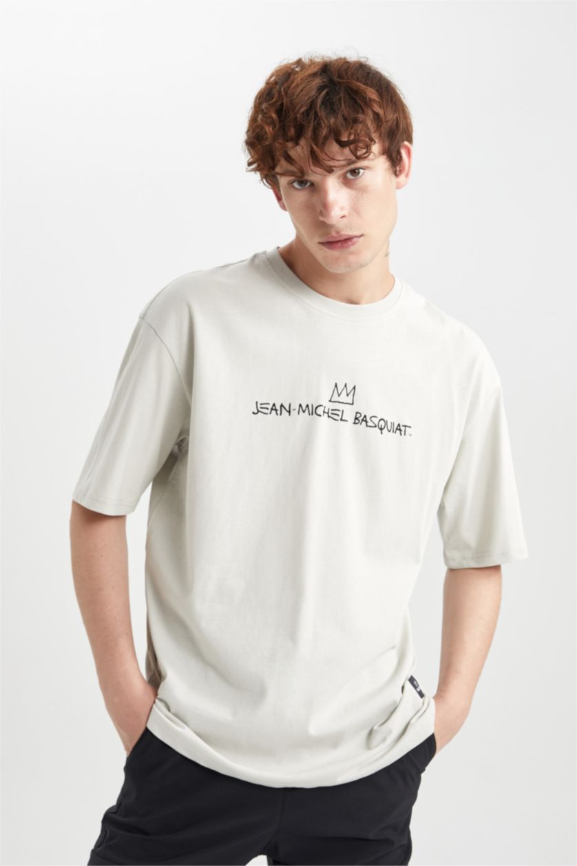 Man Stone Oversize Fit Denim-Michel Basquiat Licensed Crew Neck Printed T-Shirt