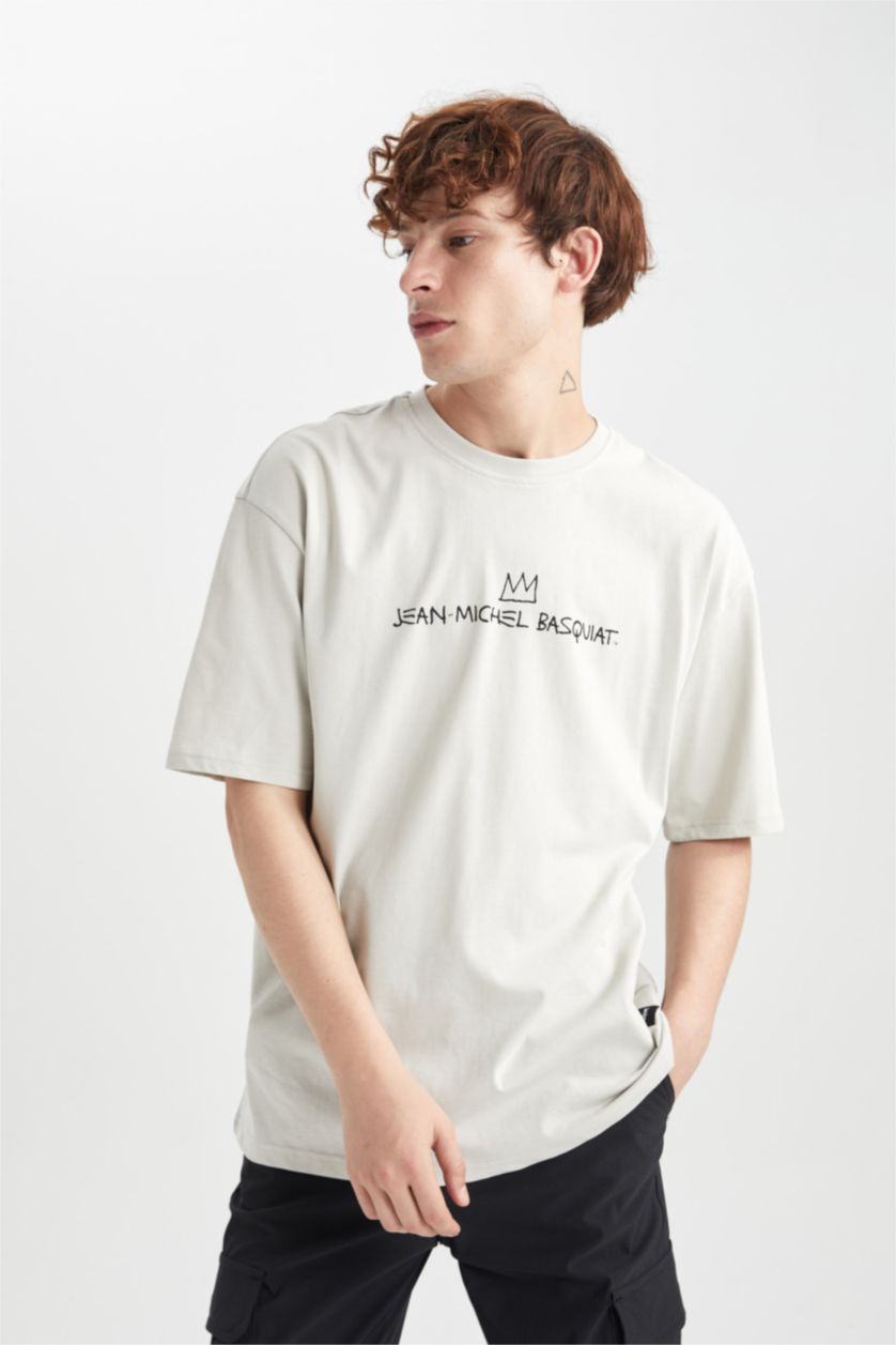 Man Stone Oversize Fit Denim-Michel Basquiat Licensed Crew Neck Printed T-Shirt