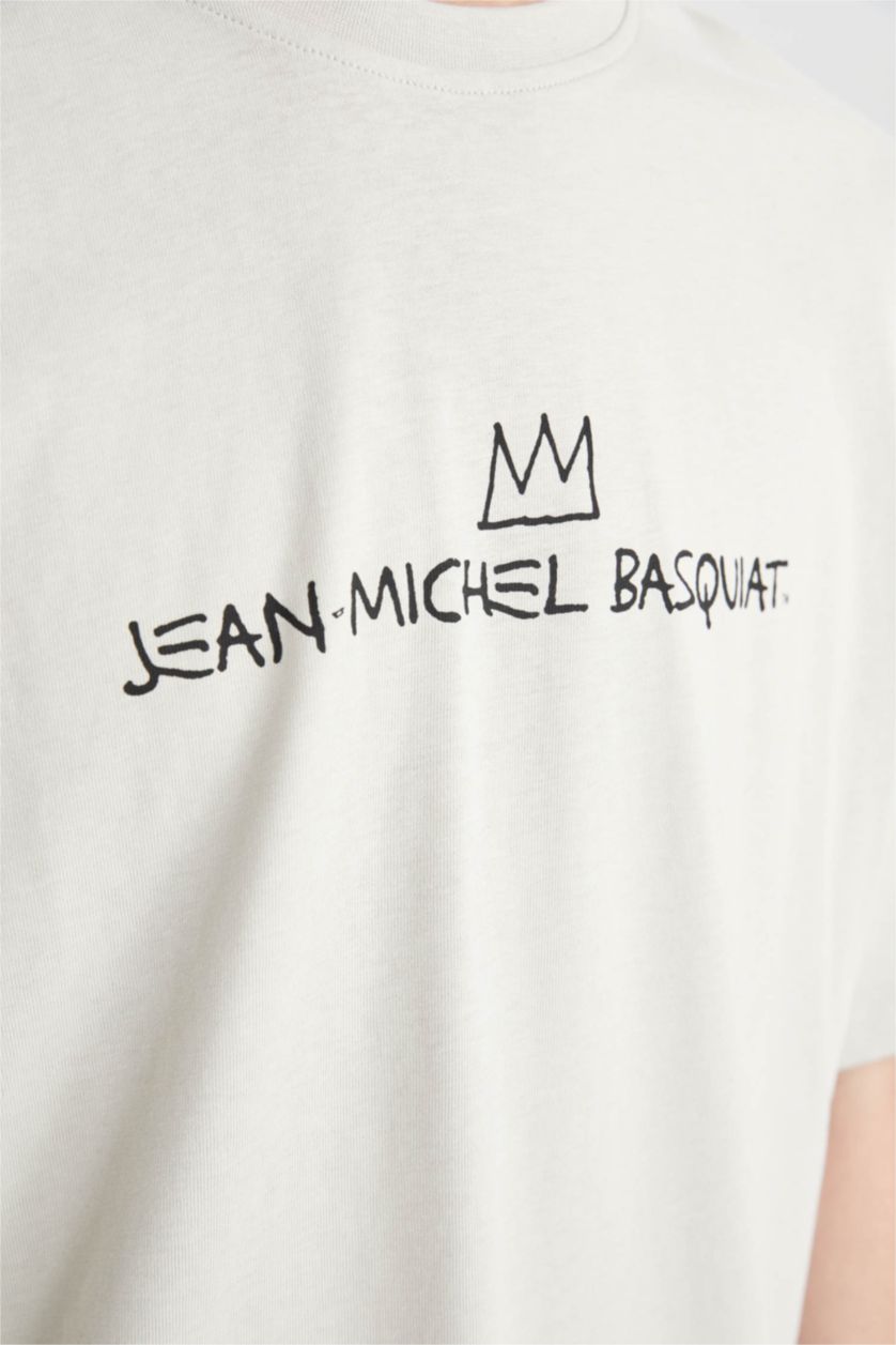 Man Stone Oversize Fit Denim-Michel Basquiat Licensed Crew Neck Printed T-Shirt