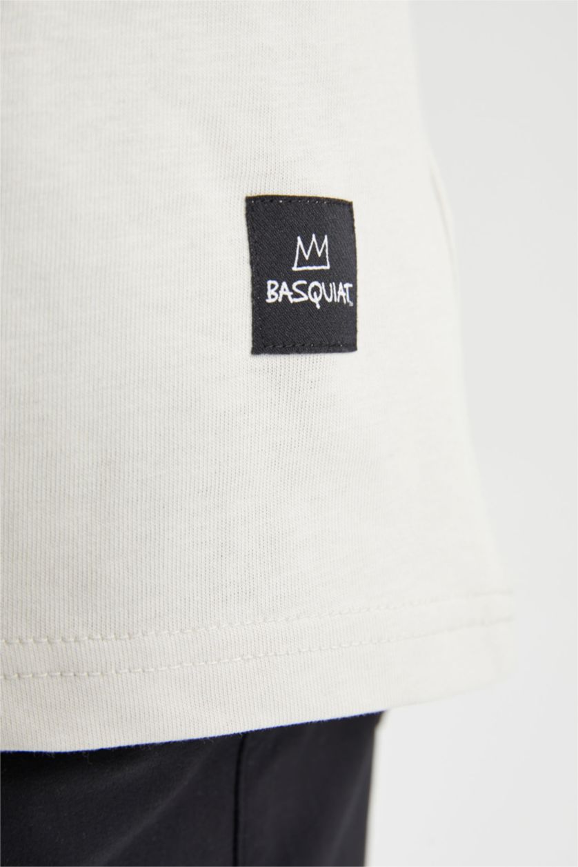 Man Stone Oversize Fit Denim-Michel Basquiat Licensed Crew Neck Printed T-Shirt