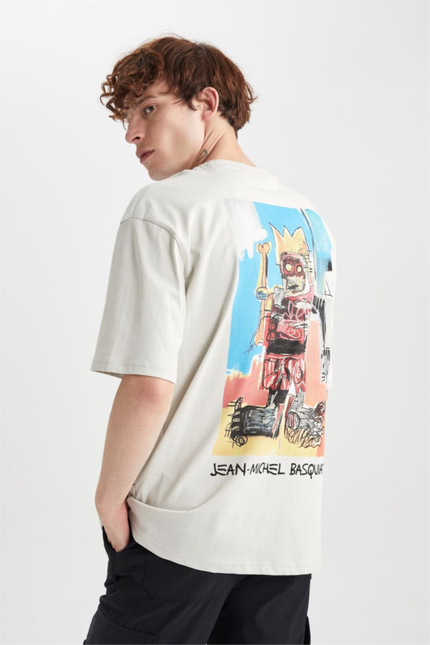 Man Stone Oversize Fit Denim-Michel Basquiat Licensed Crew Neck Printed T-Shirt