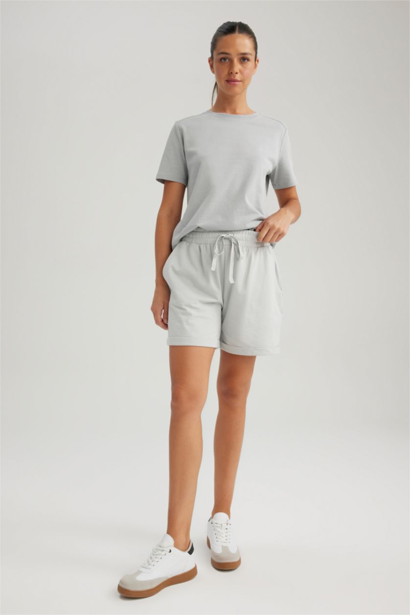 نساء رمادي تي شيرت قطن قصة عادية بياخة مستديرة