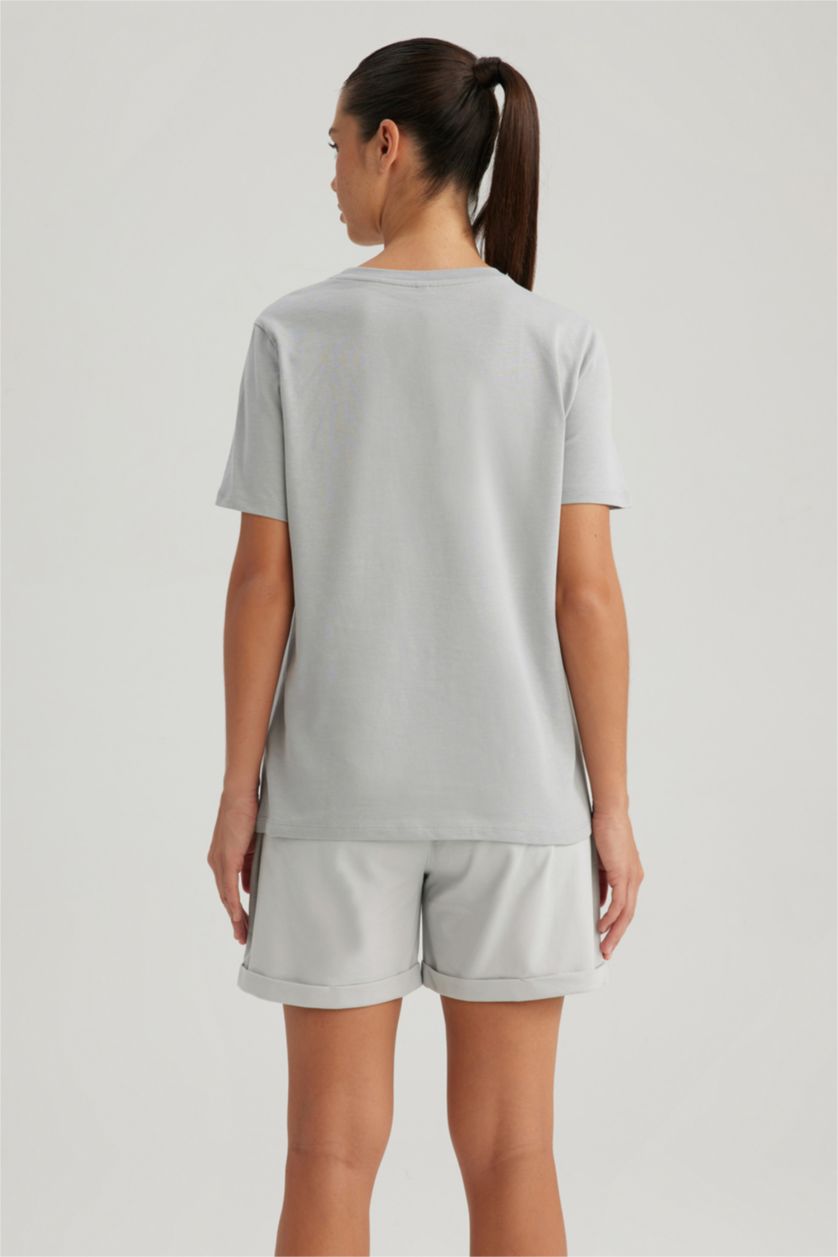 نساء رمادي تي شيرت قطن قصة عادية بياخة مستديرة