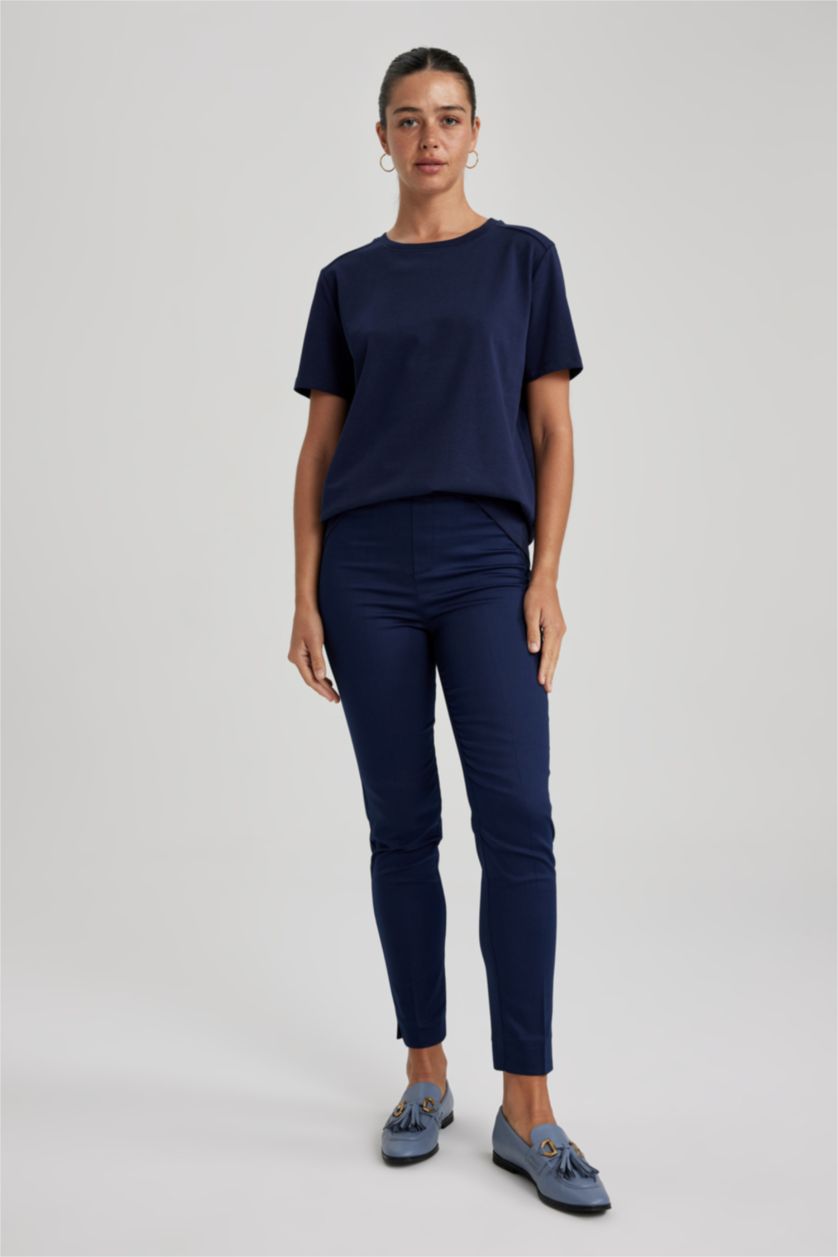 نساء كحلي تي شيرت نص كم قطن قصة عادية برقبة مستديرة