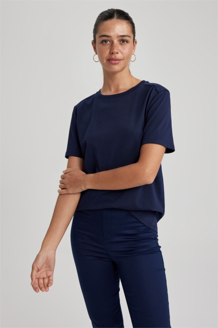 نساء كحلي تي شيرت نص كم قطن قصة عادية برقبة مستديرة