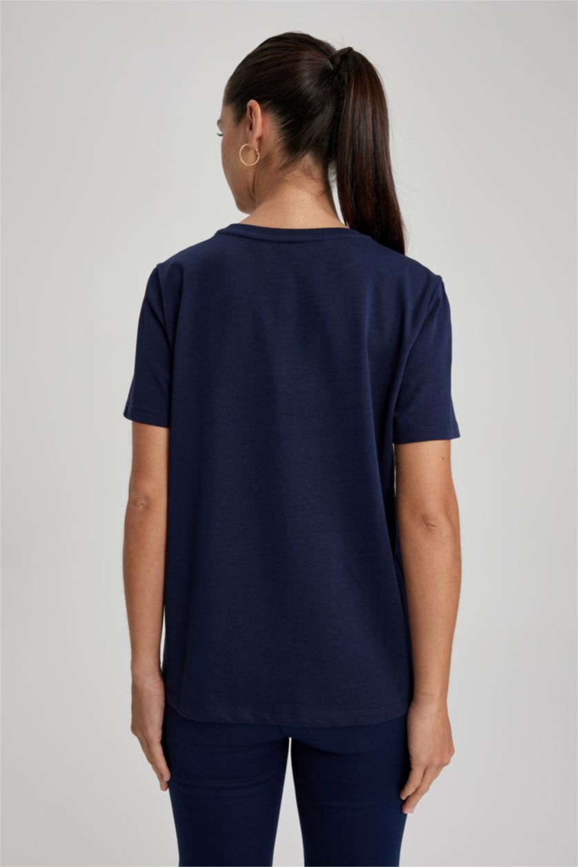 نساء كحلي تي شيرت نص كم قطن قصة عادية برقبة مستديرة