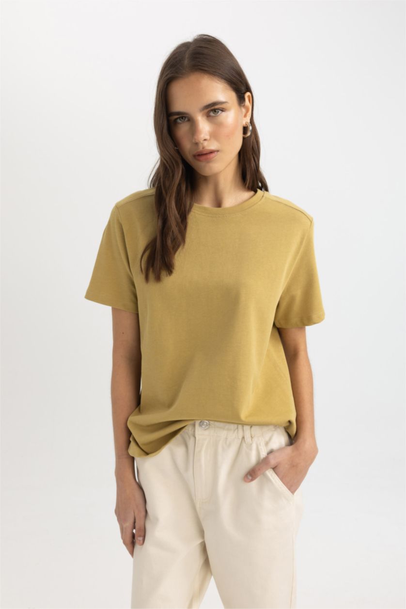 نساء كاكي تيشيرت نص كم سامبل برقبة مستديرة وقصة عادية