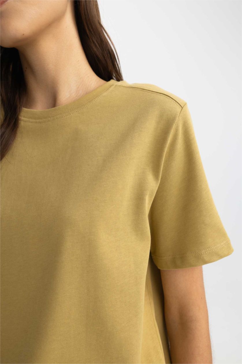 نساء كاكي تيشيرت نص كم سامبل برقبة مستديرة وقصة عادية