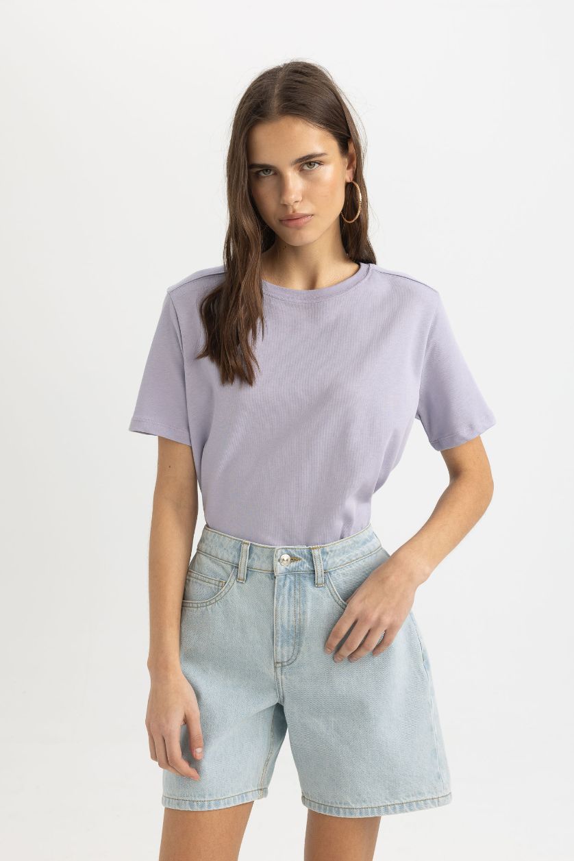 حريمي أرجواني فاتح تيشيرت بيزك بريميوم نص كم قصة عادية بياقة مستديرة