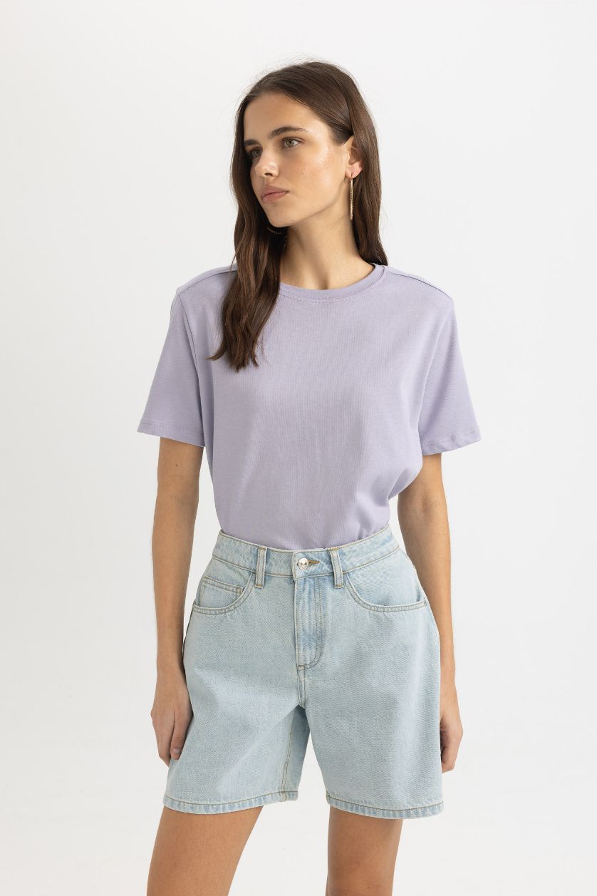 حريمي أرجواني فاتح تيشيرت بيزك بريميوم نص كم قصة عادية بياقة مستديرة