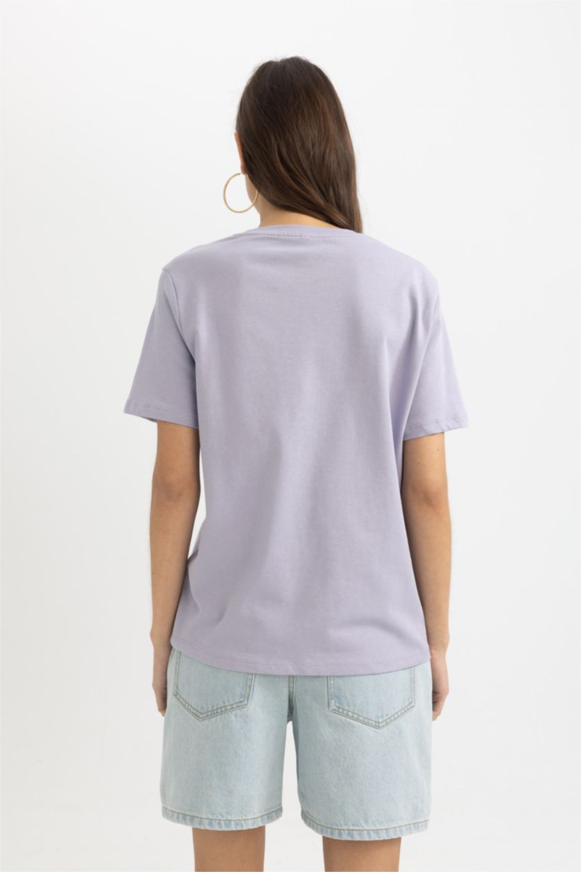 حريمي أرجواني فاتح تيشيرت بيزك بريميوم نص كم قصة عادية بياقة مستديرة