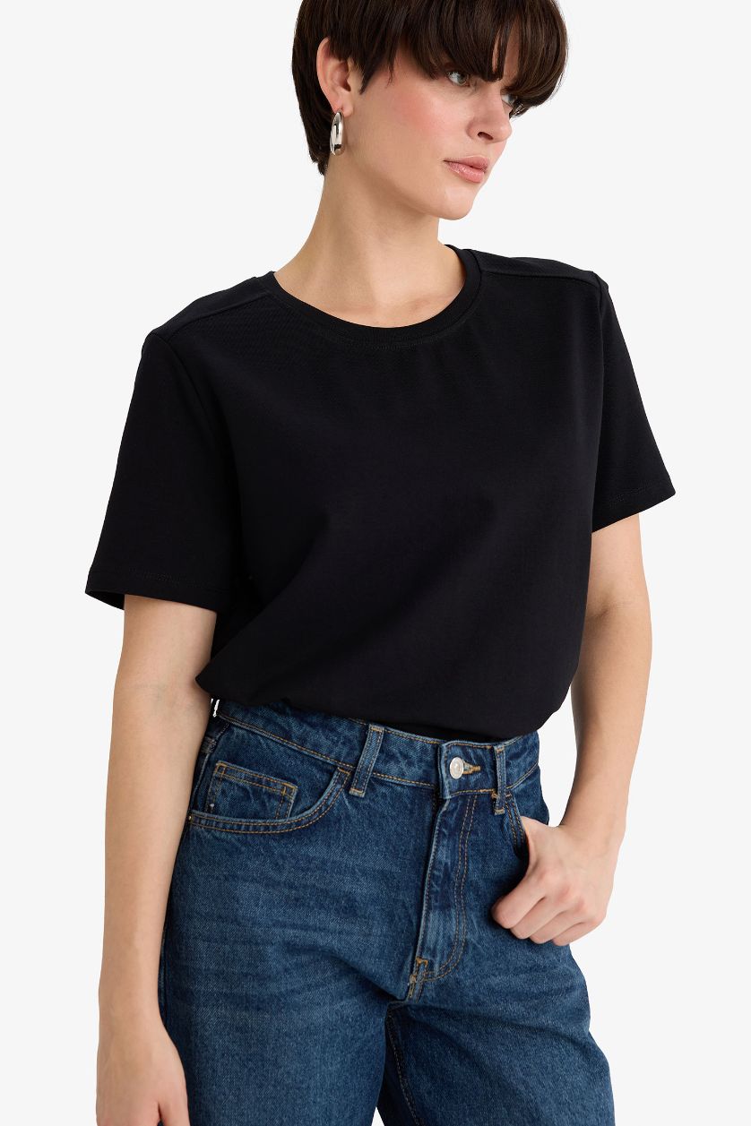 WOMAN Black Regular Fit Crew Neck Basic Premium T-shirt