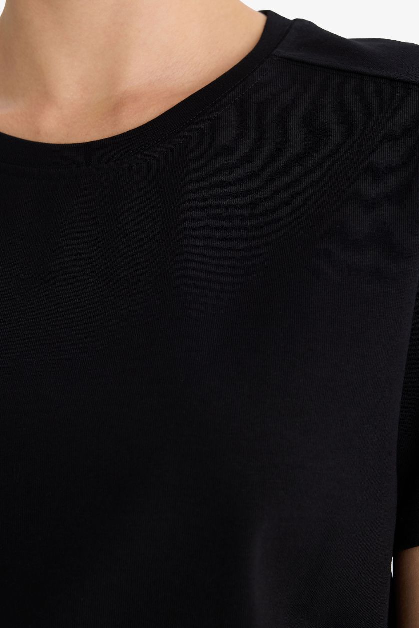 WOMAN Black Regular Fit Crew Neck Basic Premium T-shirt