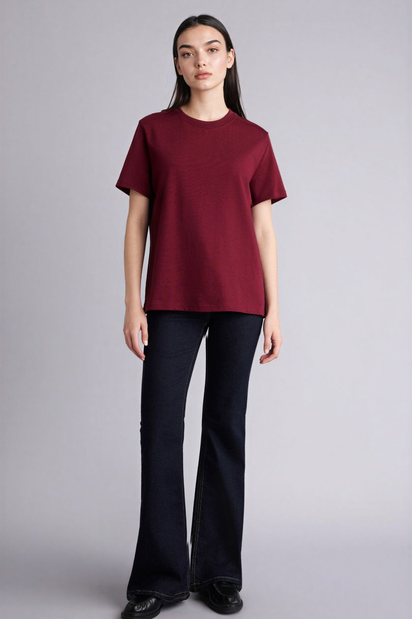 Woman Bordeaux تيشيرت نص ردن بريميوم قصة عادية وياخة مستديرة