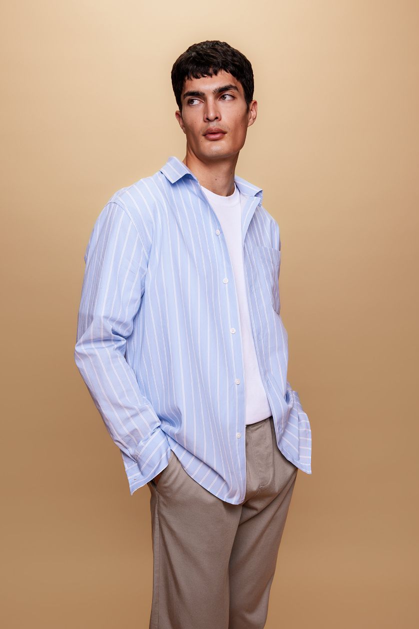 رجالي أزرق فاتح قميص بولو مخطط كم طويل قصة مريحة