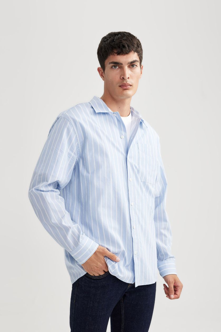 رجالي أزرق فاتح قميص بولو مخطط كم طويل قصة مريحة