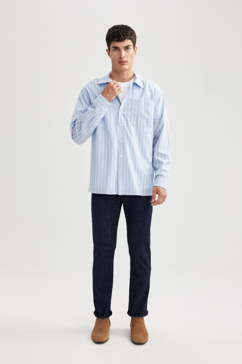 رجالي أزرق فاتح قميص بولو مخطط كم طويل قصة مريحة