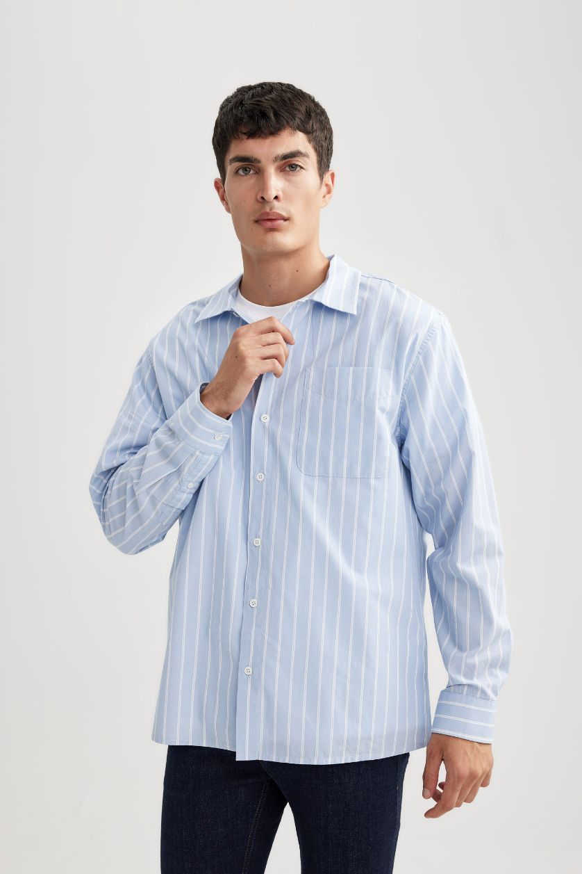 رجالي أزرق فاتح قميص بولو مخطط كم طويل قصة مريحة