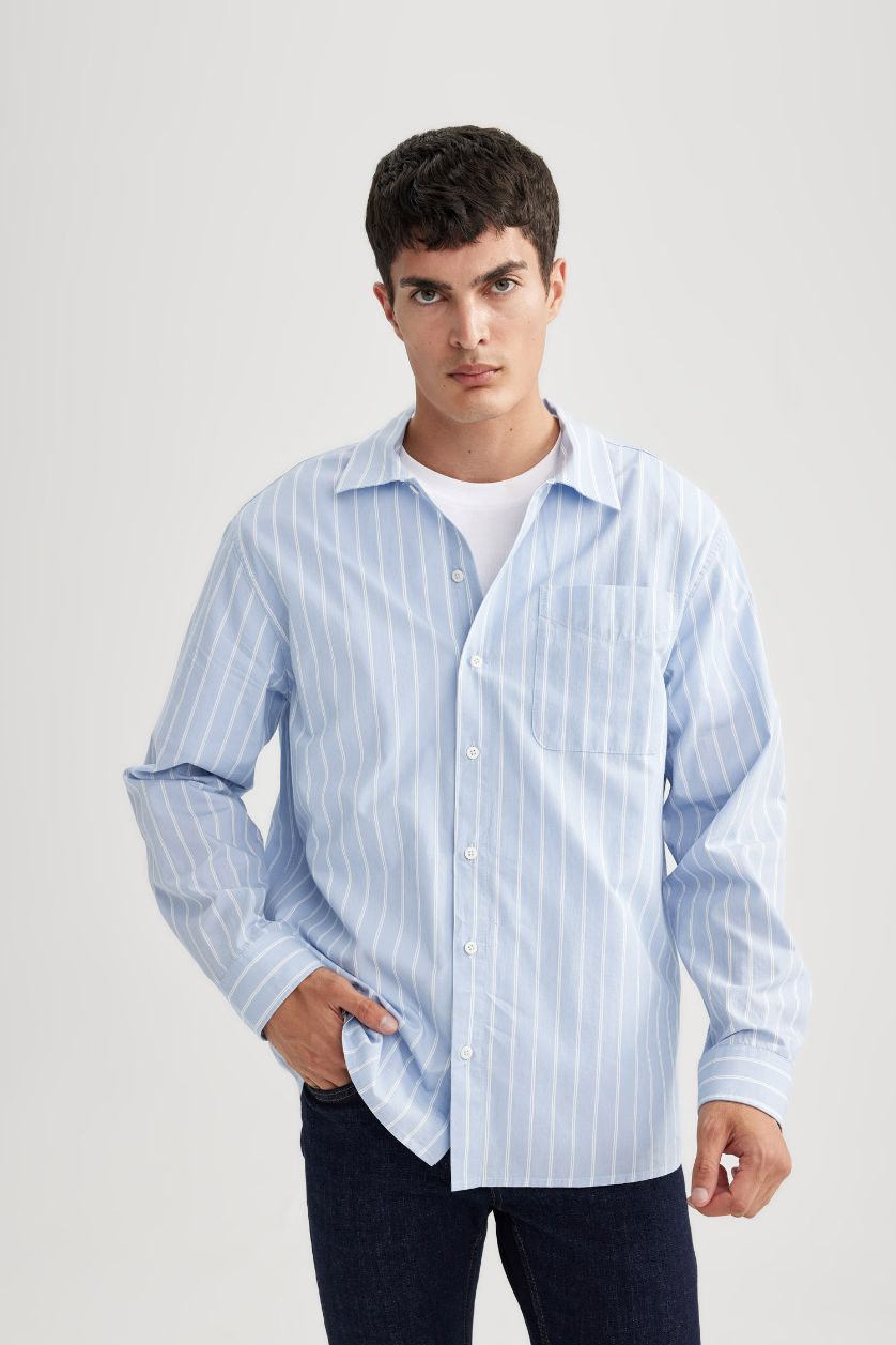 رجالي أزرق فاتح قميص بولو مخطط كم طويل قصة مريحة