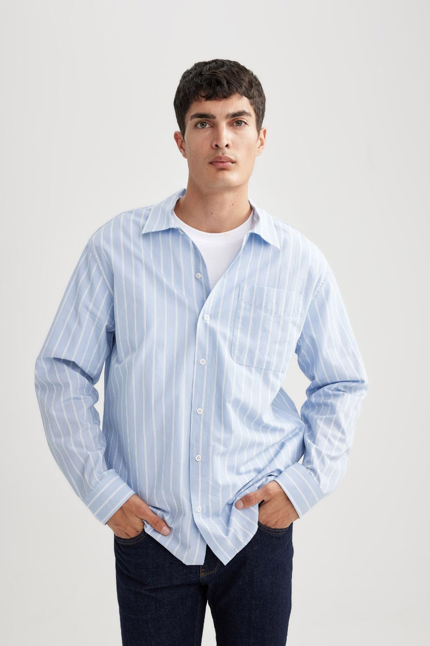 رجالي أزرق فاتح قميص بولو مخطط كم طويل قصة مريحة