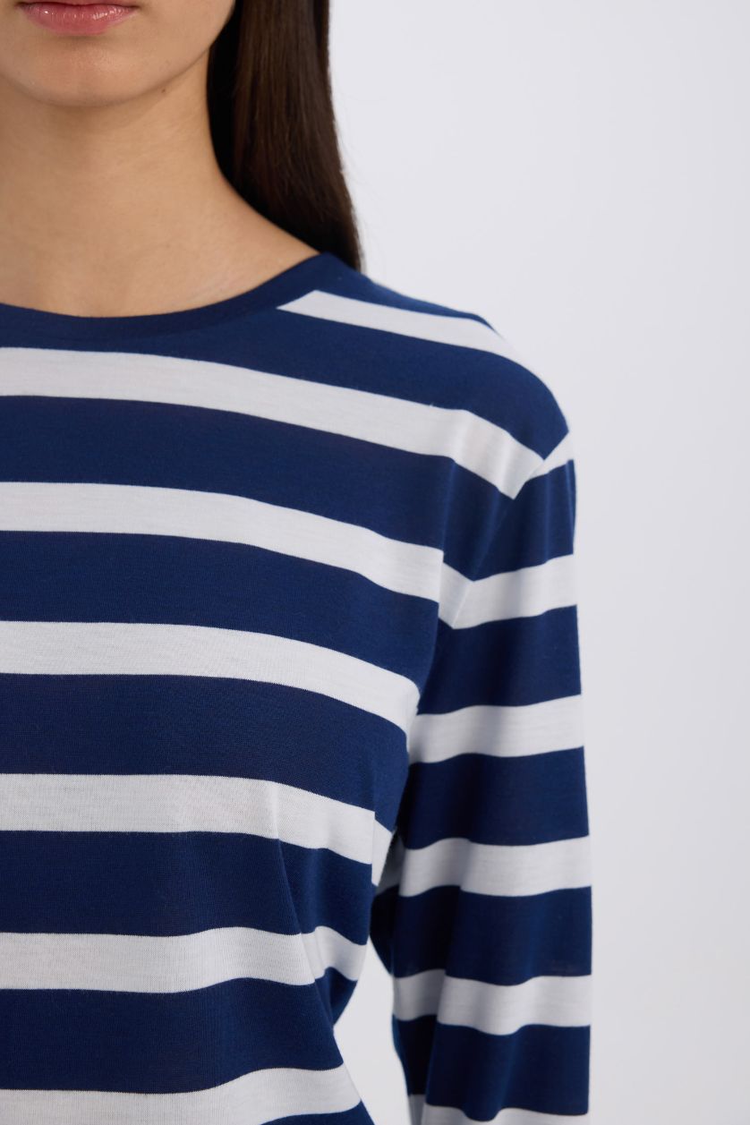 Kadın Lacivert Regular Fit Bisiklet Yaka Çizgili Casual Uzun Kollu Tişört