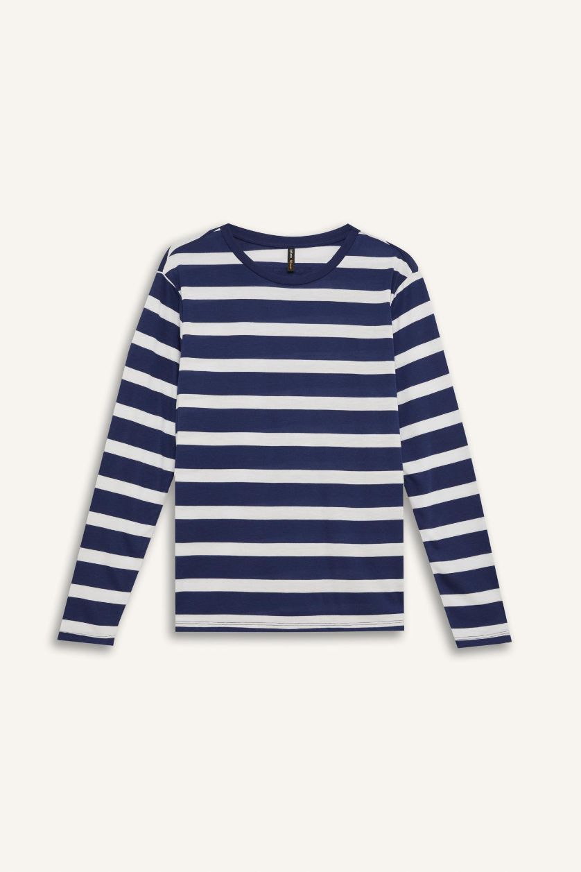 Kadın Lacivert Regular Fit Bisiklet Yaka Çizgili Casual Uzun Kollu Tişört