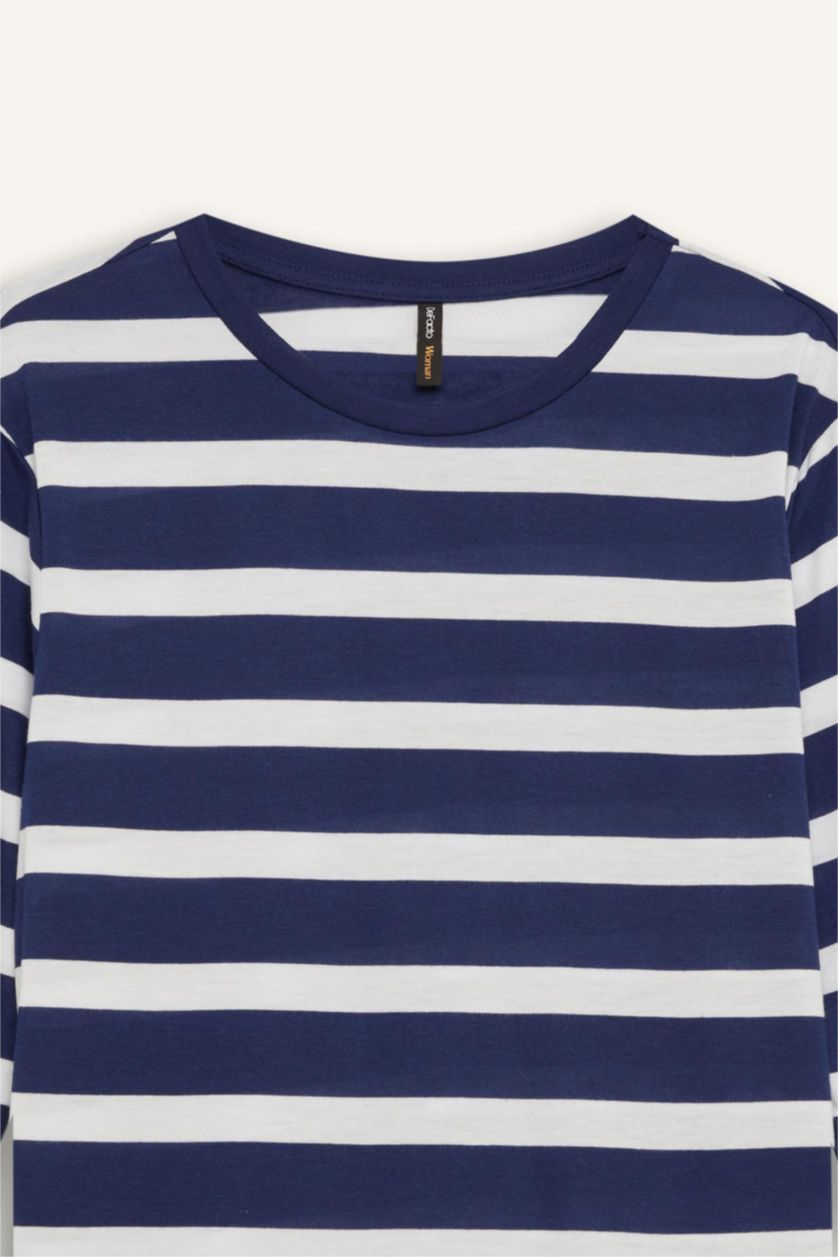 Kadın Lacivert Regular Fit Bisiklet Yaka Çizgili Casual Uzun Kollu Tişört