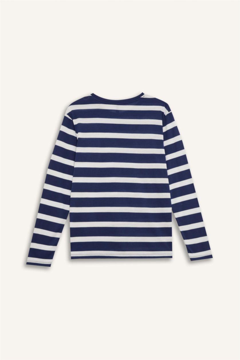 Kadın Lacivert Regular Fit Bisiklet Yaka Çizgili Casual Uzun Kollu Tişört