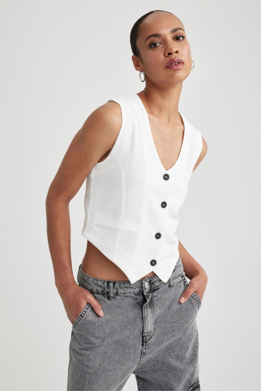 WOMAN White Slim Fit Linen Blend Blazer Vest