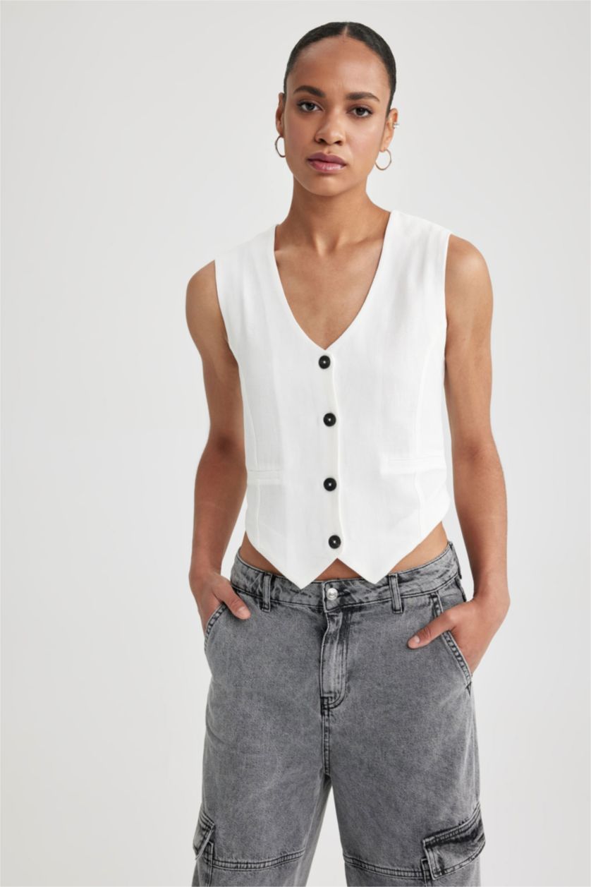 WOMAN White Slim Fit Linen Blend Blazer Vest