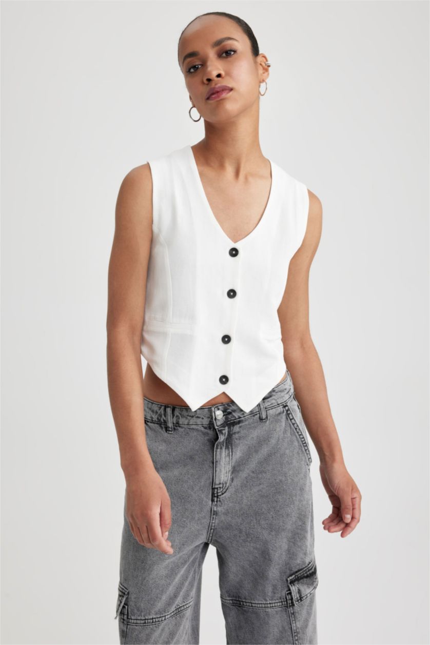 WOMAN White Slim Fit Linen Blend Blazer Vest